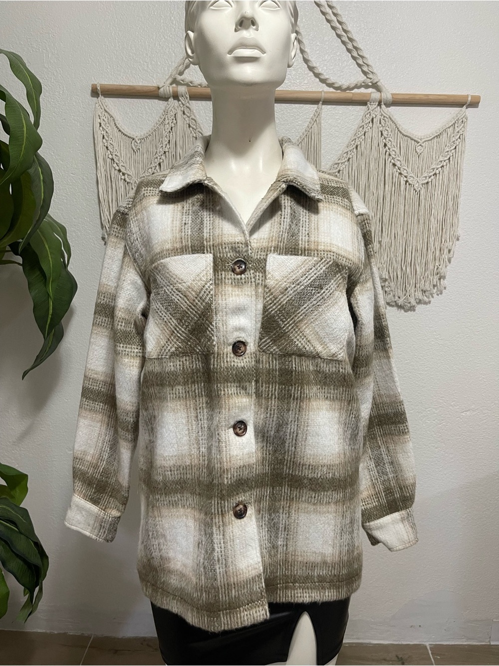 Time and Tru Brown and Cream Plaid Utility Shacket